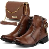 Bota coturno feminina Marrom e Preta de cano médio + Bolsa