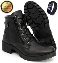 Bota Coturno Feminina Preto Elegante Zíper Lateral Cadarço + Relógio Digital Prova D'água