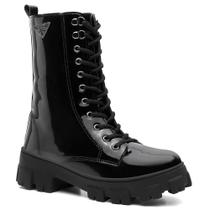 Bota Coturno Feminina Verniz Cano Médio Cadarço Tratorada