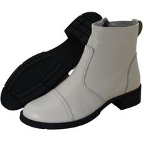 Bota Coturno Feminina Vintage Sola Baixa Rasteira Cano Curto Em Couro Lirom Bege
