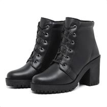 Bota Coturno Feminino Cadarço Salto Grosso Bloco Medio Confortavel Macia Tamanho Especial