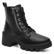 Bota Coturno Feminino Cadarço Zíper Lateral Elegante Confortável Salto Baixo Tratorada