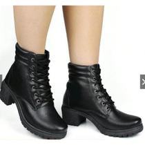 Bota Coturno Feminino Cano Baixo Tratorada Salto Médio 5cm Elegante Confortável Moda Inverno