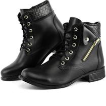 Bota Coturno Feminino Cano Curto Ajuste Cadarço Detalhe Ziper Lateral Solado Borracha Macia Bota Coturno Feminino Cano Curto Ajuste Cadarço Detalhe Ziper Lateral Solado Borracha Macia