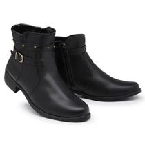 Bota Coturno Feminino Cano Curto E Salto Baixo Bico Redondo Com Fivela Lateral Bota Coturno Feminino Cano Curto E Salto Baixo Bico Redondo Com Fivela Lateral