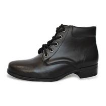 Bota Coturno Feminino Cano Curto Em Couro Ajuste Cadarço Solado Borracha Palmilha EVA Macia