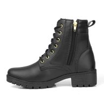 Bota Coturno Feminino Cano Curto Preto Militar Zíper Salto Confortável