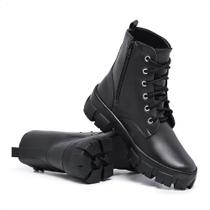 Bota Coturno Feminino Cano Curto Preto Militar Zíper Salto Confortável - Lasyn Shoes