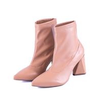 Bota Coturno Feminino Cano Medio Salto Grosso Triangular Em Strech Nude