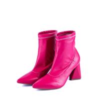 Bota Coturno Feminino Cano Medio Salto Grosso Triangular Em Strech Pink