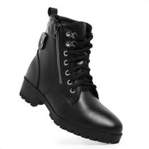 Bota Coturno Feminino Casual Cano Curto Preto Militar Zíper Salto Baixo Leve Confortável
