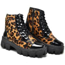 Bota Coturno Feminino Couro Animal Print Versátil