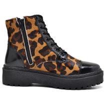 Bota Coturno Feminino Couro Sola Plataforma Estampa Onça Modelo Fashion Usar Vestido Festa Inverno
