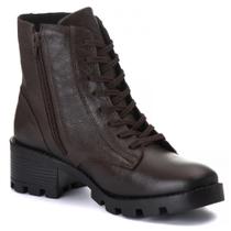 Bota Coturno Feminino Moda Casual Cano Médio Couro Cadarço Sola Tratorada, Salto Quadrado Estiloso