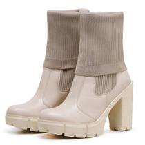 Bota Coturno Feminino Salto Alto Tratorada Meia 2 em 1 Confortável Off White - Myrol Outlet