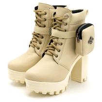 Bota Coturno Feminino Salto Grosso Alto Cadarço Moda Casual Alta Qualidade Com Bag