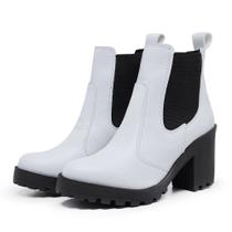 Bota Coturno Feminino Salto Médio Tratorada Elástico Macia Confortável Branco