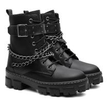 Bota Coturno Feminino Tratorado Plataforma Cano Baixo Com Corrente Casual Moda Rock