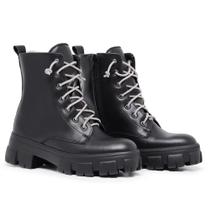 Bota Coturno Feminino Tratorado Preto Cadarço Strass-35