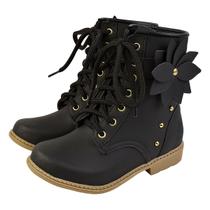Bota Coturno Infantil Menina Flor e Cadarço Preto Bota Coturno Infantil Menina Flor e Cadarço Preto