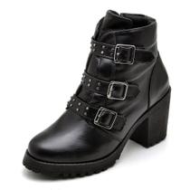 Bota Coturno KRN Shoes de Couro Cano Curto com Tiras com Fivelas e Salto Grosso