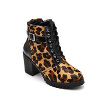 Bota Coturno Salto Bloco Animal Print Cadarço Casual