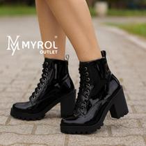 Bota Coturno Salto Médio Tratorada de Amarrar Preto Verniz Bota Coturno Salto Médio Tratorada de Amarrar Preto Verniz