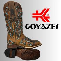 Bota Country Cowgirl Original Goyazes Couro Dallas Bico Quadrado Com Miçangas Azul Claro Ref: 246405-CF