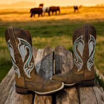 Bota Country De Cowgirl Original Goyazes Couro Dallas Furta Cor Rosa Azul Bico Quadrado Ref: 236406-CF