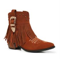 Bota Country Feminina Couro Camurça Franja Western Fivela Tacha Bordada Salto Bloco Confort Rodeio