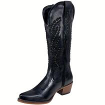 Bota Country Feminina Couro Cano Alto Bordada Tachas Preta