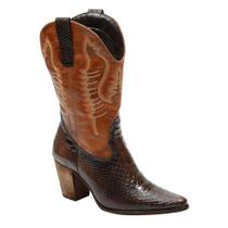 Bota Country Feminina Couro Cano Alto Escamada Bico Fino