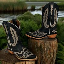 Bota Country Feminina Goyazes Couro Azul Marinho Bico Fino Bordado Creme R.246803-CC