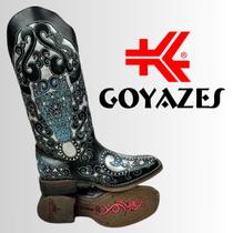 Bota Country Feminina Goyazes Couro Legítimo Preto Bico Quadrado Detalhes Prata E Azul R.243205-CF