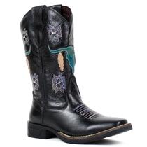 Bota Country Feminina Texana Bico Quadrado De Couro Helazza