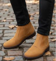 Bota Country Masculina Botina em Couro Nobuck Solado Costurado Botinha Casual Social 2520 Amarelo