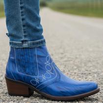 Bota country Masculina Cor Azul Botina de Luxo Luxuosa Couro Solado Borracha Costurado Estilo Cowboy
