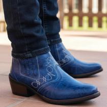 Bota Country Masculina em Couro Salto Carrapeta Solado Borracha Botina Cowboy Vaquejada 3736 Azul
