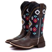 Bota Country Texana Couro Feminina Couro Bico Quadrado Cano Longo