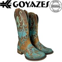 Bota Country Texana Feminina Goyazes Bico Quadrado Couro Marrom Claro E Azul R. 243201-CF Bota Country Texana Feminina Goyazes Bico Quadrado Couro Marrom Claro E Azul R. 243201-CF