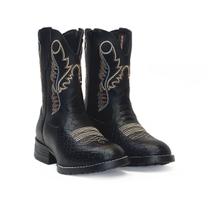 Bota Country Texana Infantil Unissex em Couro Preto com Estampa de Cobra com o Cano Bordado Kapell