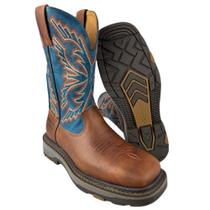 Bota Country Texana Masculina Goyazes Original Couro Legítimo Turquesa Bico Quadrado Work - Ref.247403-CK