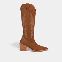 Bota Couro Cano Longo Shoestock Bia Perotti Nobuck Western Bordado Feminina