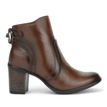 Bota Couro Feminina Cano Curto Salto Médio Bloco Fachete Amarração Casual Pinhão