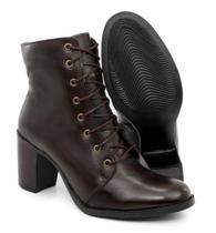 Bota Couro Feminina Cano Médio Salto Fachete Médio Bico Fino Cadarço Casual Marrom LCSHOES