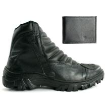 Bota de Motoqueiro Cuturno Preto Sola Costurada/ Blaqueada mais Carteira Preta de Couro