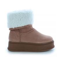 Bota de Pelos Forrada Salto Plataforma Cano Médio Bege com Branco