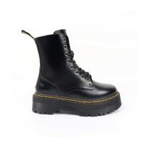 Bota de tornozelo, cano alto, preto, material ecológico, plataforma de 4 cm