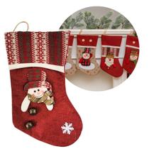 Bota Decorativa Meia Natal Boneco de Neve Tecido Linho Vinho e Xadrez com Guizo 35cm