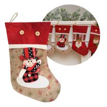 Bota Decorativa Meia Natalina Boneco de Neve Tecido Linho Bege Vermelho e Xadrez 35cm Bota Decorativa Meia Natalina Boneco de Neve Tecido Linho Bege Vermelho e Xadrez 35cm